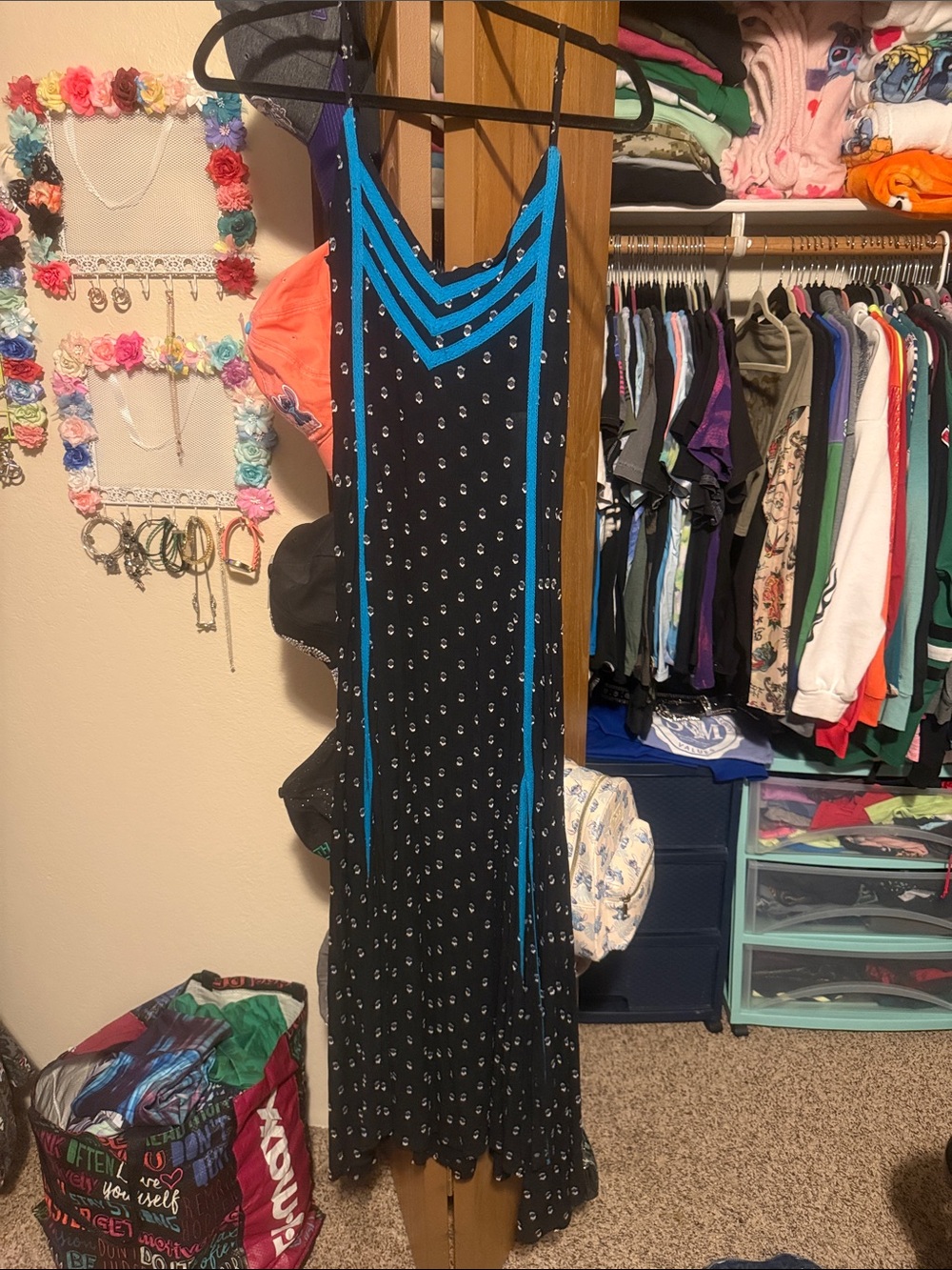 Idyllwind Black Maxi Dress with Bright Blue Trim and Stud Details